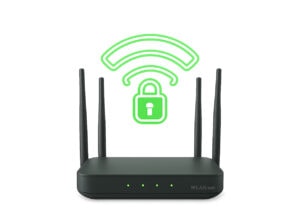 Moderner WLAN-Router sendet stilisiertes Signal mit Sicherheitssymbol (Schloss) – Symbol für WPA-Verschlüsselung.